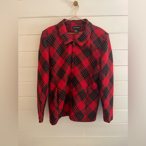 VINTAGE HALSTON 3 Pc Red Black Plaid Skirt Suit Wool Sz 12/14 BLAZER SKIRT VEST - Picture 2 of 12